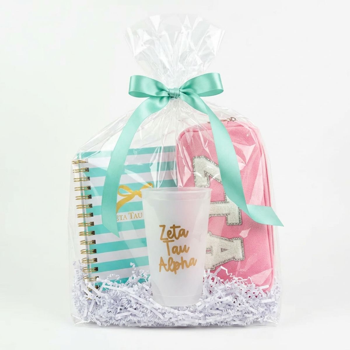 Gift for ZTA sorority sisters including notebook, cup and makeup bag