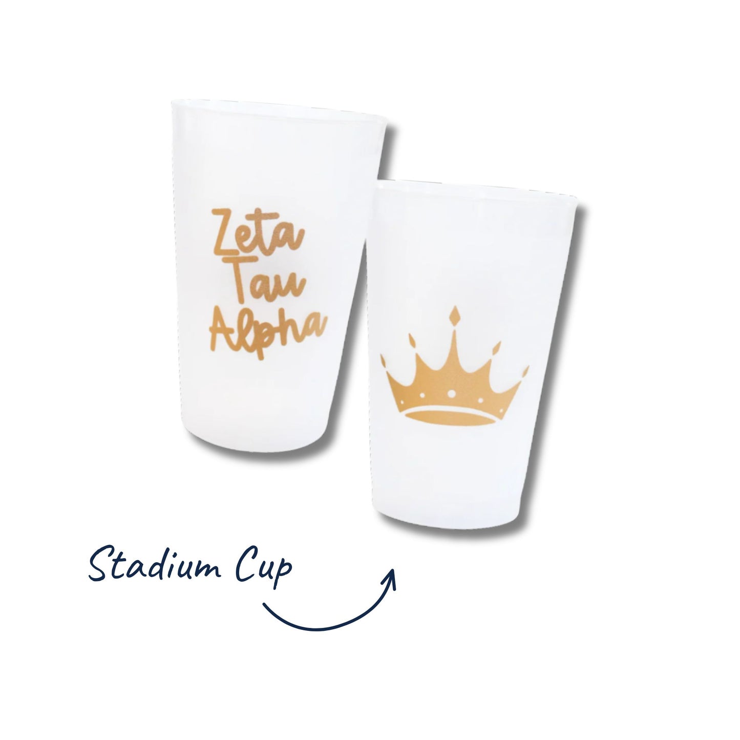 Two white stadium cups with 'Zeta Tau Alpha' and a crown design on a white background.