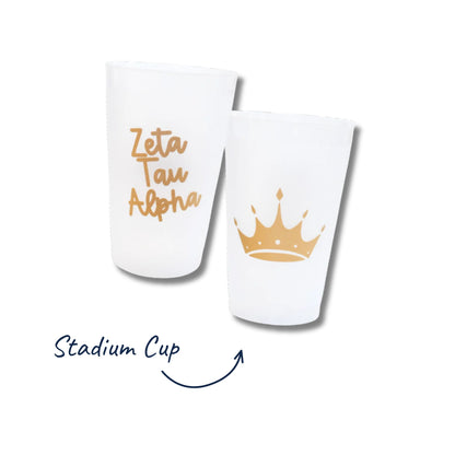 Two white stadium cups with 'Zeta Tau Alpha' and a crown design on a white background.