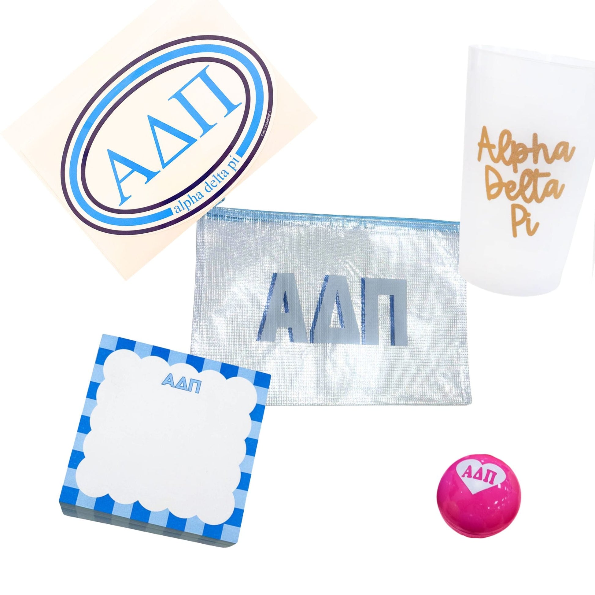 ADPI gift contents with Greek letter accessories for UNC Chapel Hill students and sorority gifts