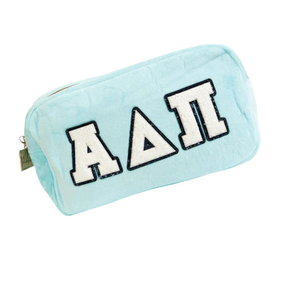 ADPI makeup bag with Greek letters for UNC Chapel Hill students and cosmetics
