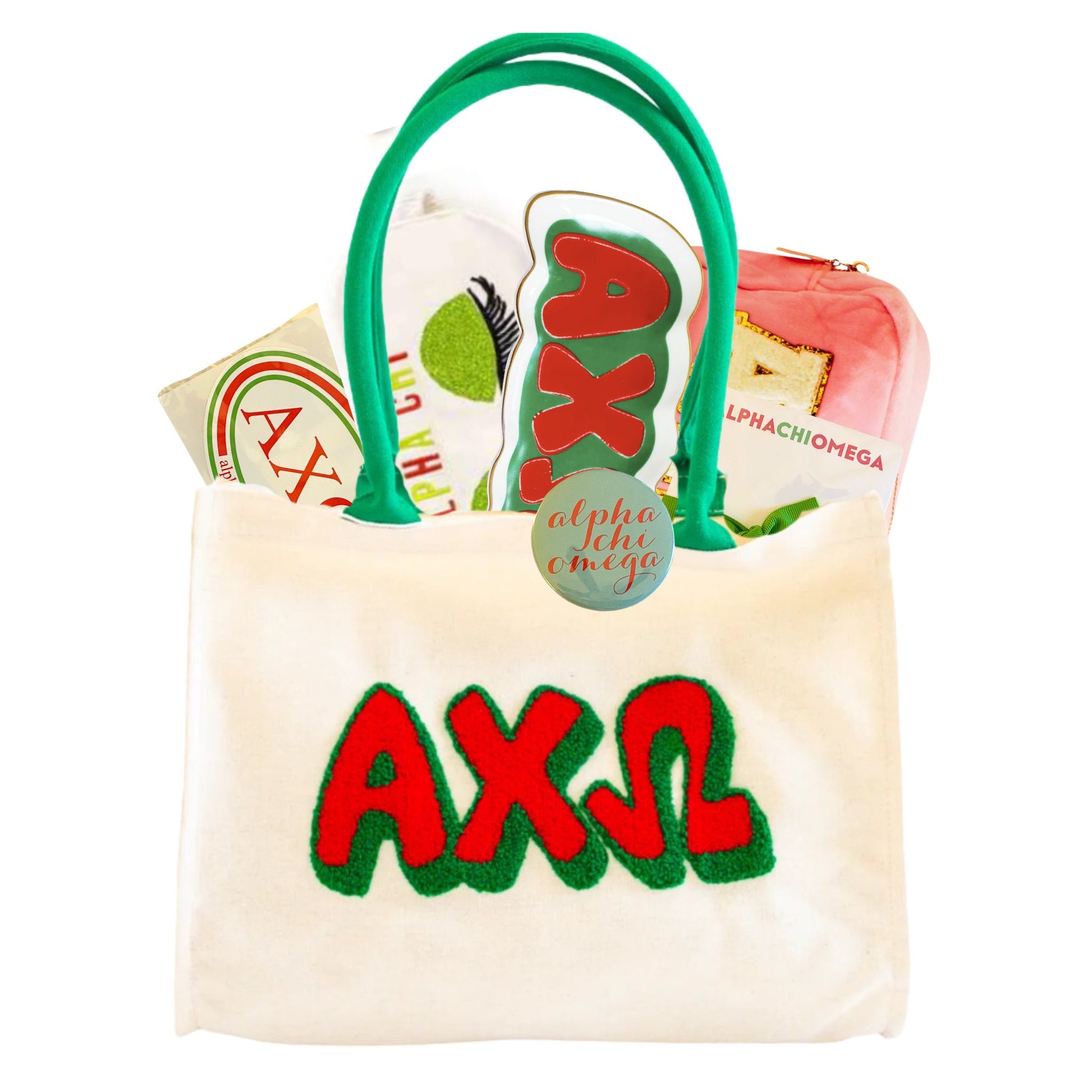  Alpha Chi Omega sorority gift bag with Greek letter accessories for UNC Chapel Hill students and bid day