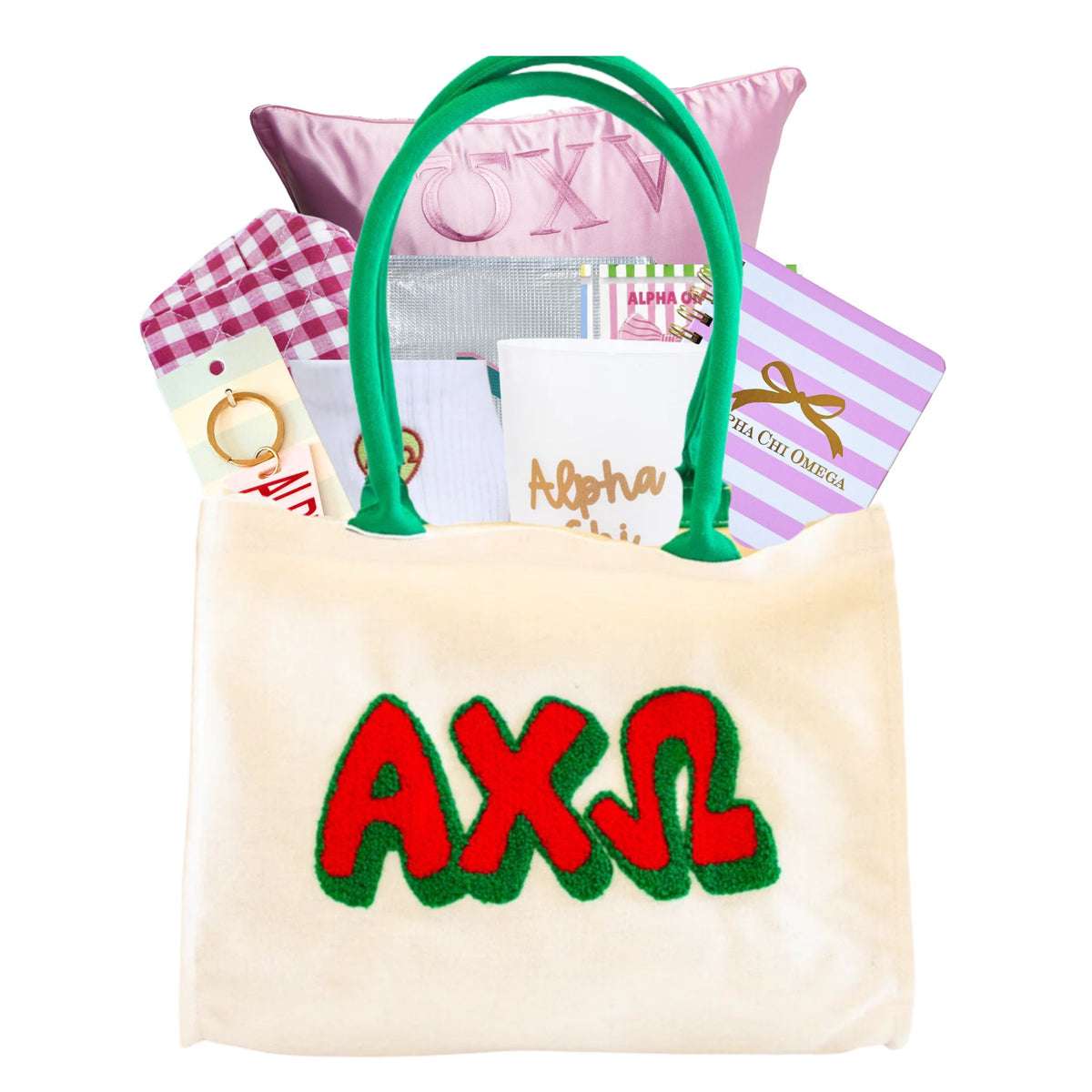  Alpha Chi Omega sorority gift bag with Greek letter accessories for UNC Chapel Hill students and bid day