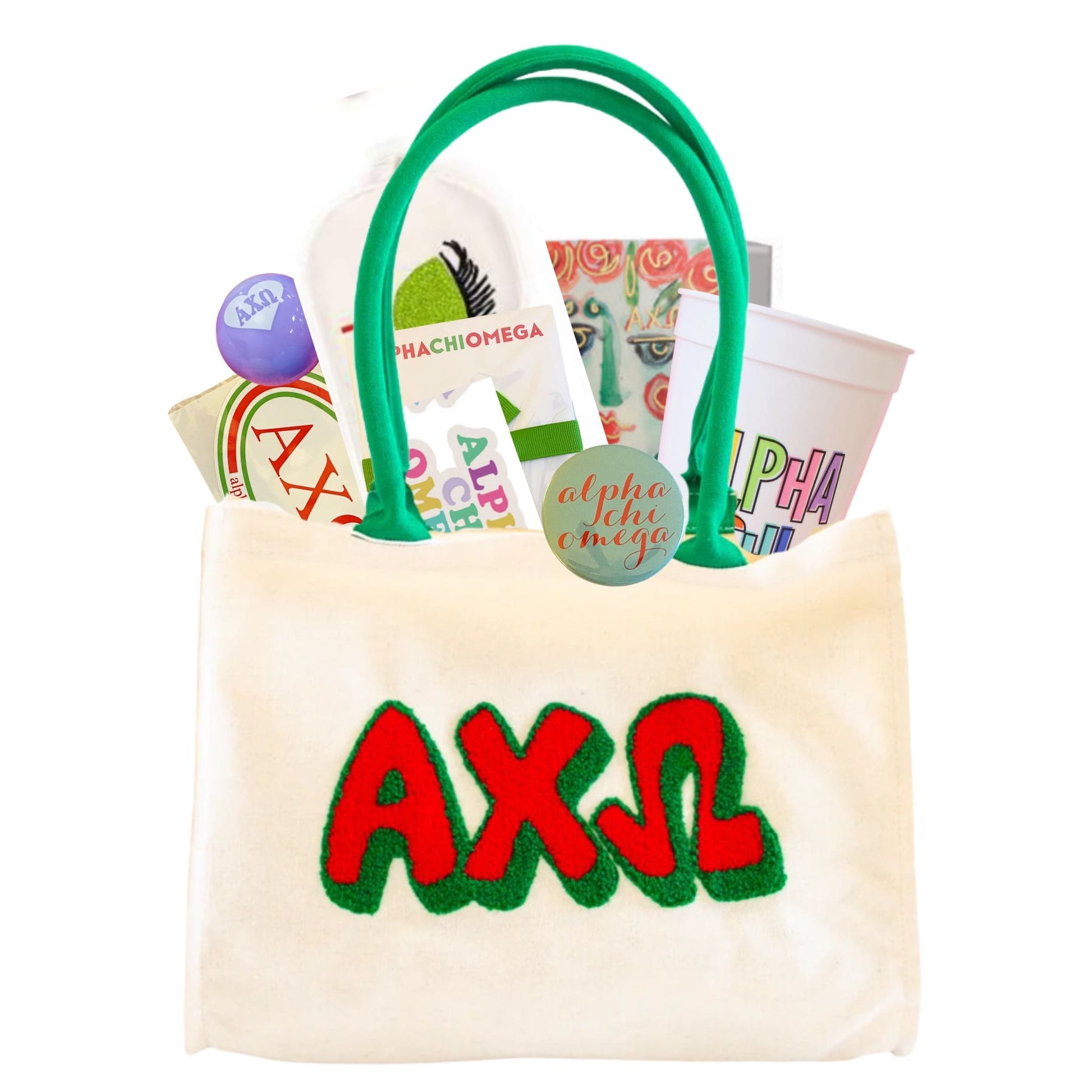  Alpha Chi Omega sorority gift bag with Greek letter accessories for UNC Chapel Hill students and bid day