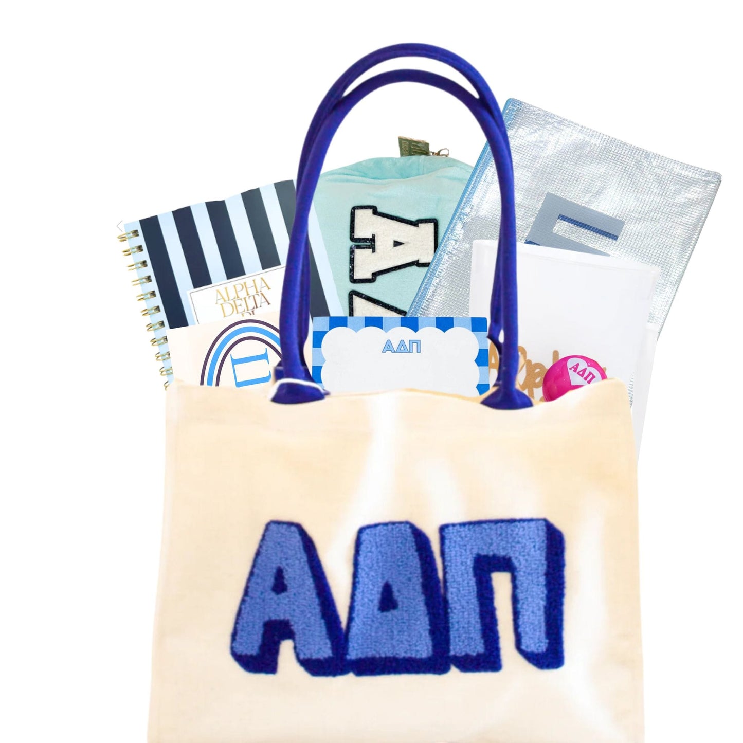 Alpha Delta Pi sorority gift bag with Greek letter accessories for UNC Chapel Hill students and bid day