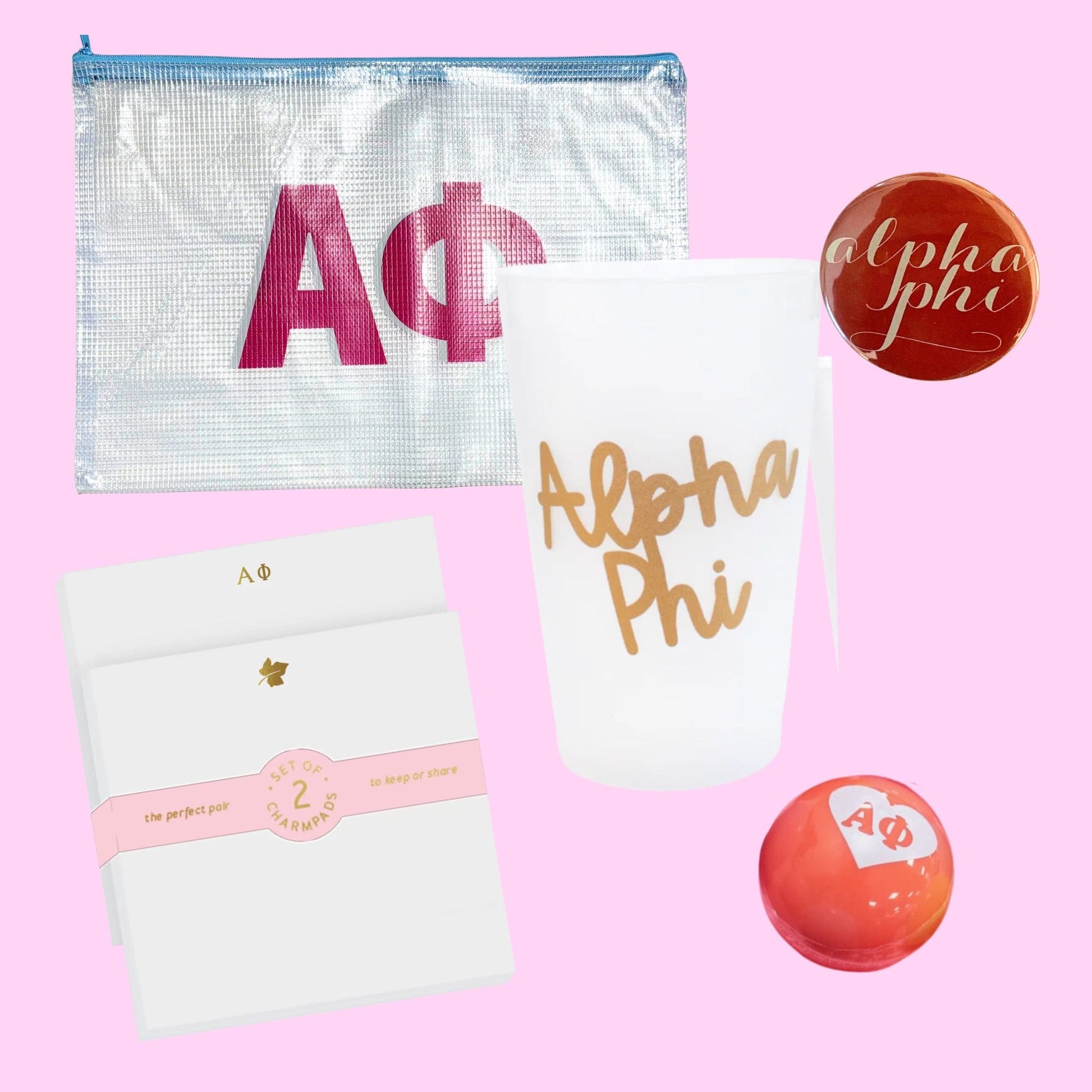 Alpha Phi gift contents with Greek letter accessories for UNC Chapel Hill students and sorority gifts