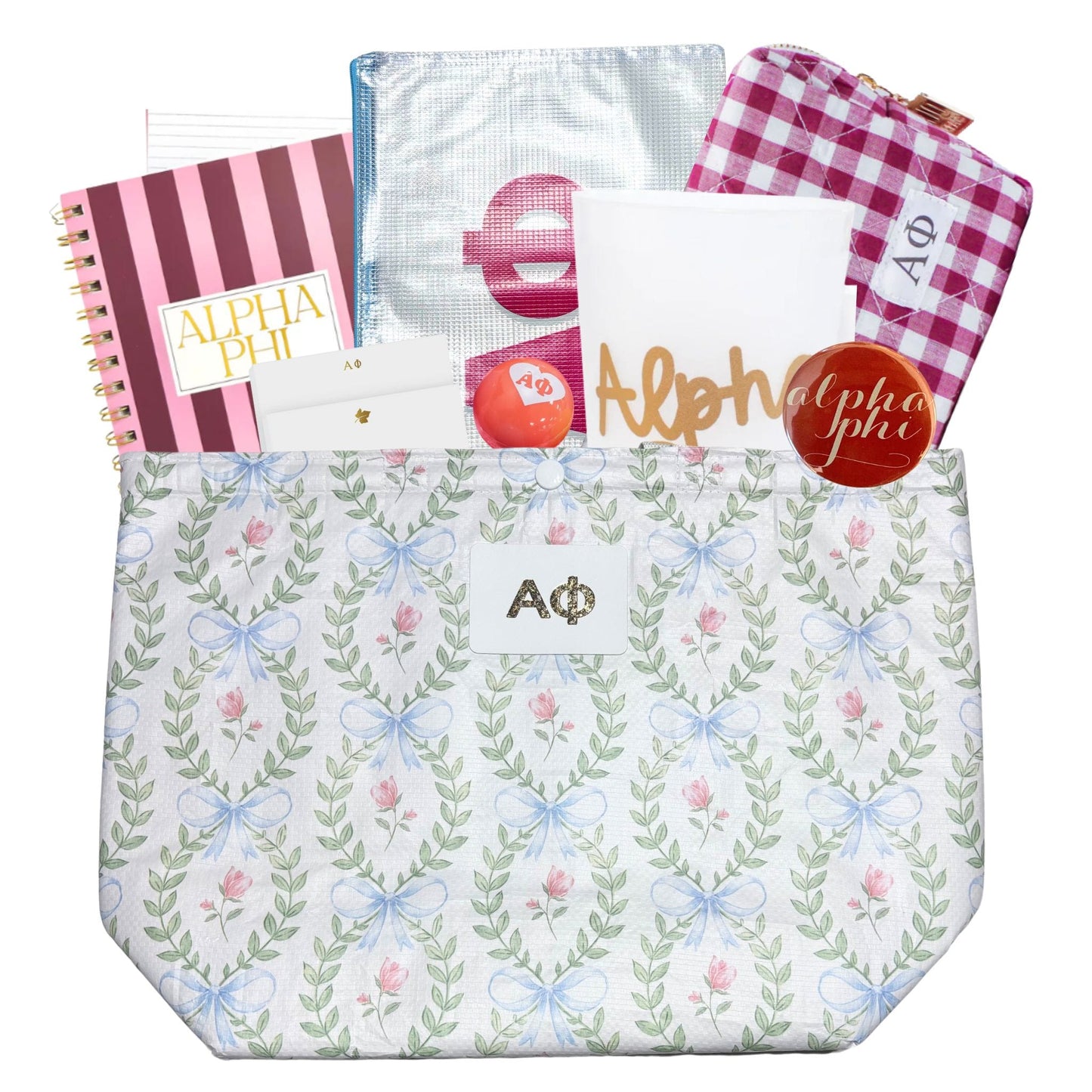 Alpha Phi sorority gift bag with Greek letter accessories for UNC Chapel Hill students and bid day