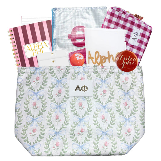 Alpha Phi sorority gift bag with Greek letter accessories for UNC Chapel Hill students and bid day