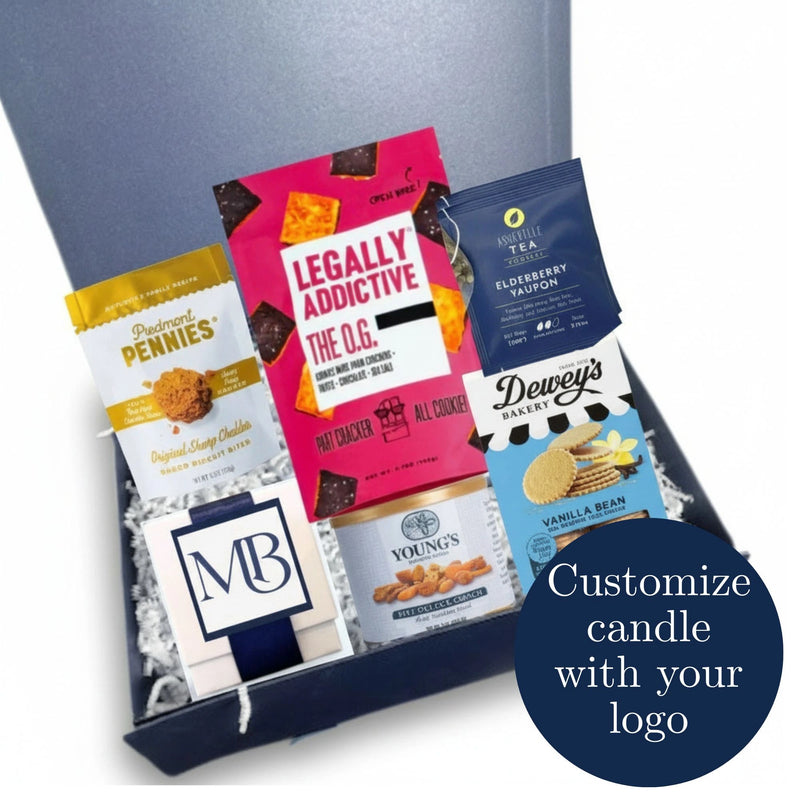 Custom executive corporate gift box with North Carolina artisan products and branded candle