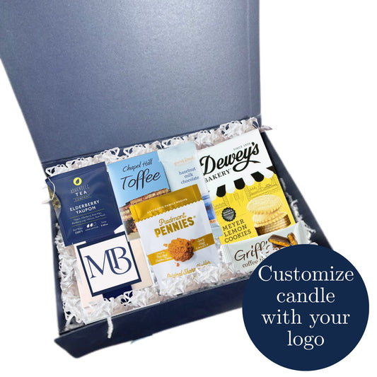 Custom executive corporate gift box with North Carolina producer products and branded candle for client appreciation