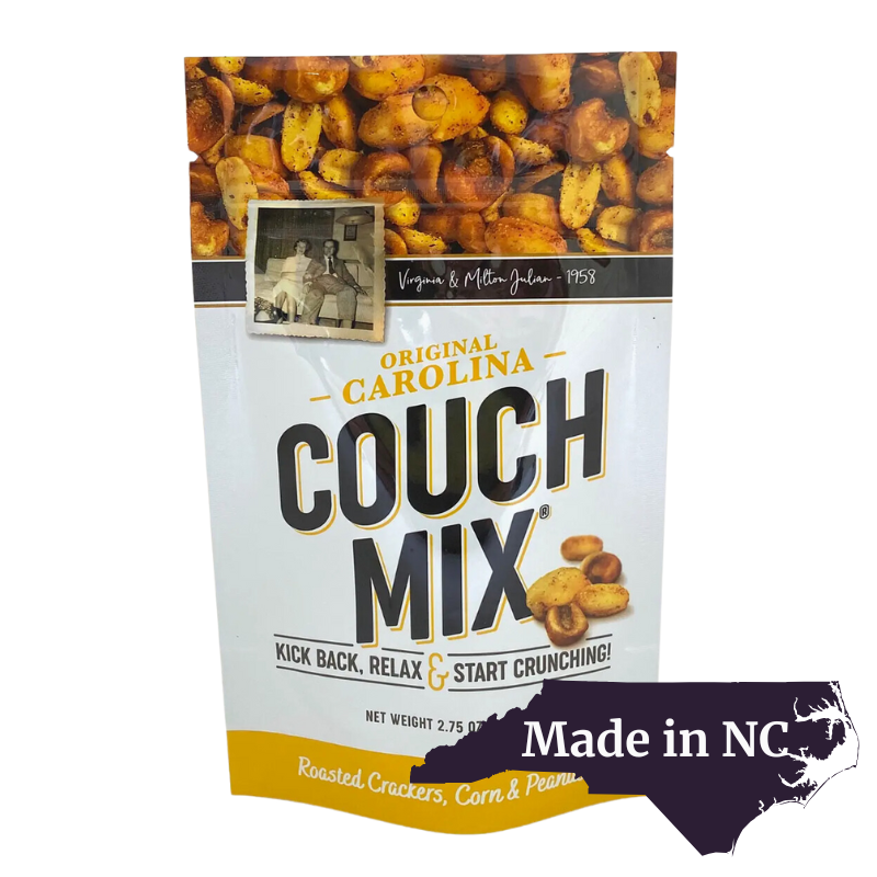 Bruce Julian's Couch Mix, a savory snack blend featuring roasted crackers, corn, and peanuts, with a 'Made in NC' label and North Carolina outline