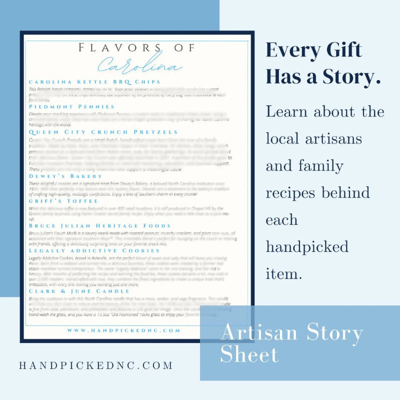 North Carolina artisan story sheet featuring local makers and product sourcing details