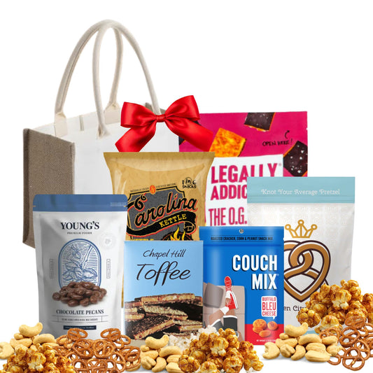 Carolina gift basket with North Carolina artisan toffee, chocolate, and gourmet treats in reusable jute tote