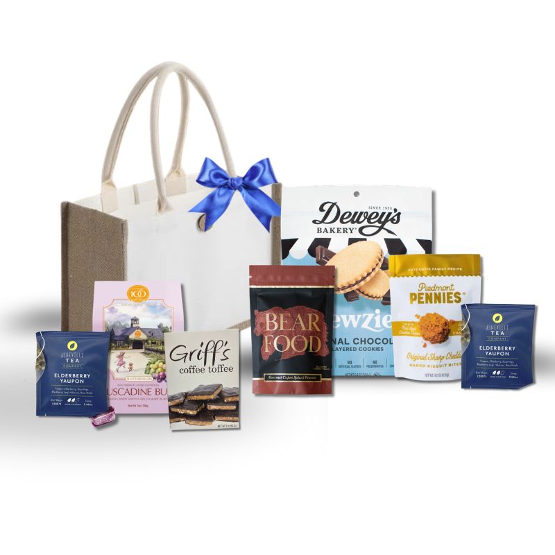 collection of gourmet items that are made in north carolina and a part of a thank you gift