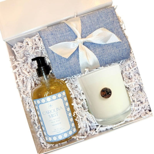  Carolina housewarming gift basket with North Carolina artisan candle, hand soap, and kitchen essentials