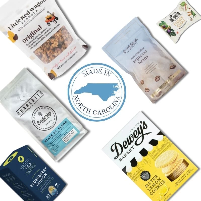 Carolina morning gift basket contents with Charlotte coffee, Asheville tea, and North Carolina artisan treats