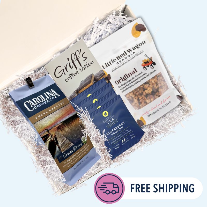 gift box containing coffee, tea, granola, and toffee. all products are made in North Carolina. free shipping icon.