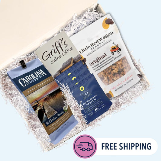 gift box containing coffee, tea, granola, and toffee. all products are made in North Carolina. free shipping icon.