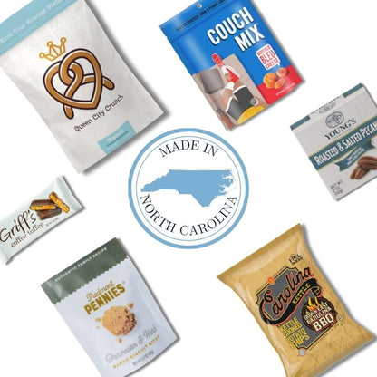 Flat lay of Carolina Sampler snacks surrounding a Made in the Carolinas emblem