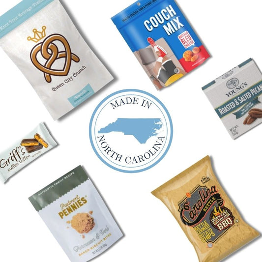 Flat lay of Carolina Sampler snacks surrounding a Made in the Carolinas emblem