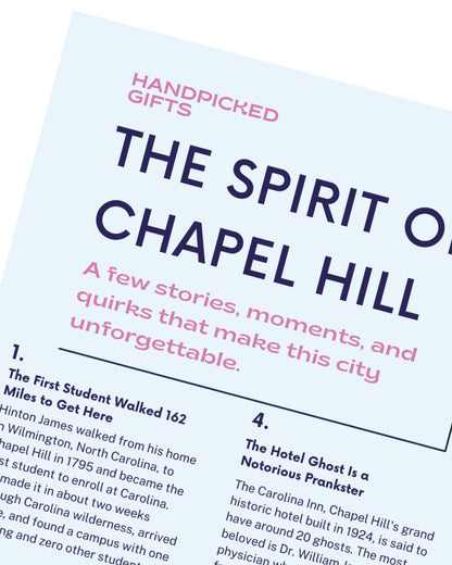 Chapel Hill Fun Facts insert included with Handpicked NC corporate gifts — local history and trivia celebrating Chapel Hill North Carolina