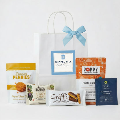 Chapel Hill NC corporate welcome gift bag with Griff's coffee toffee and Big Spoon Roasters treats