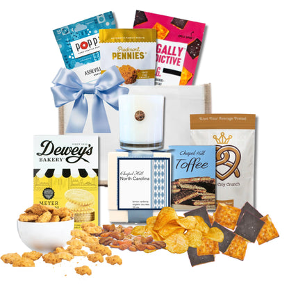 Chapel Hill gift bag with North Carolina artisan treats and Chapel Hill keepsake candle