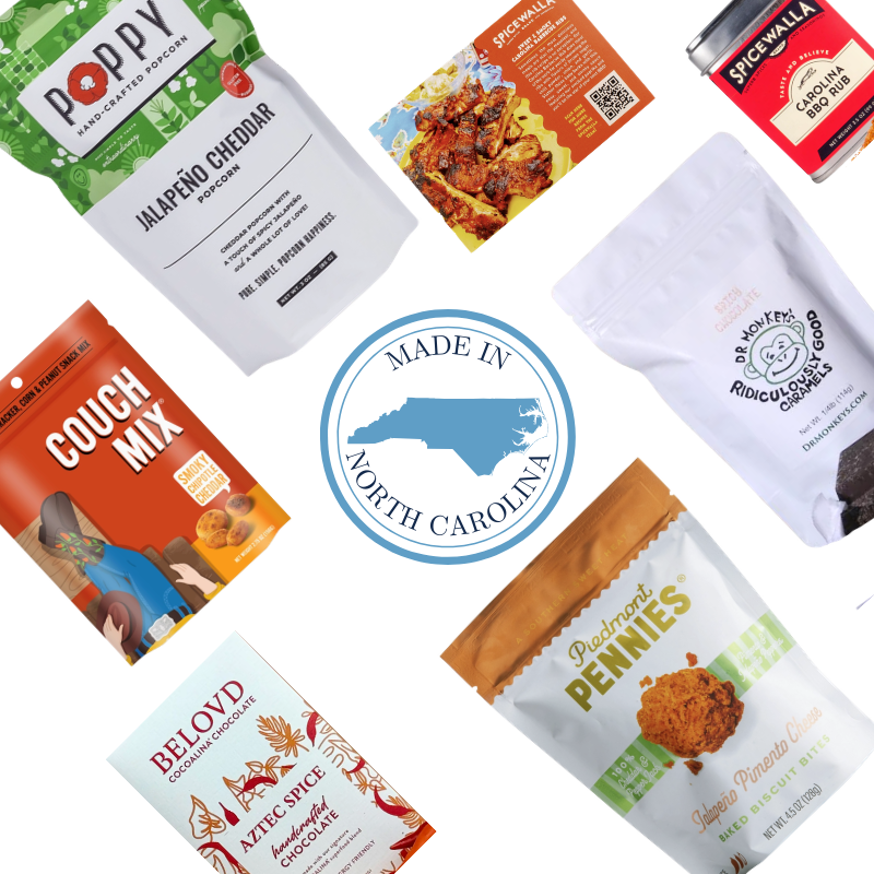 Collection of carolina artisan food products with a 'Made in North Carolina' logo in the center.