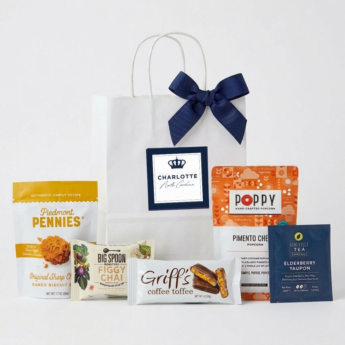 Charlotte NC corporate welcome gift bag with Piedmont Pennies and Poppy popcorn from Carolina producers