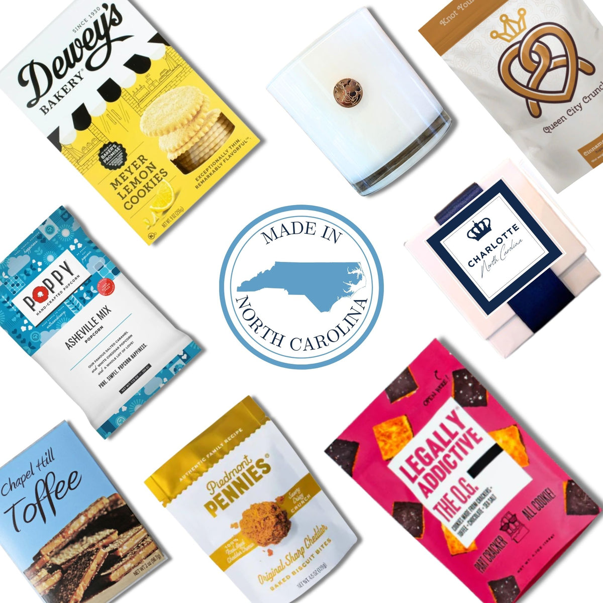 Charlotte NC welcome gift with Made in the Carolinas emblem, featuring gourmet snacks and soy candle from NC and SC producers