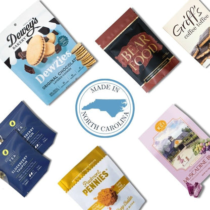 Custom corporate gift tote contents with North Carolina gourmet snacks and branded gift tag