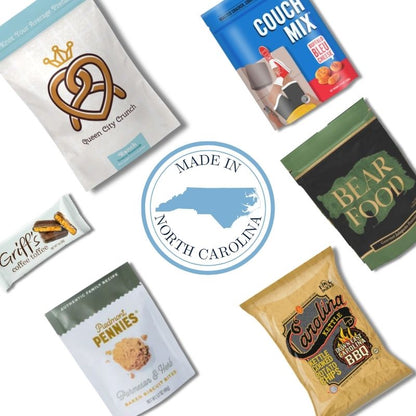 Flat lay of Carolina Sampler snacks surrounding a Made in the Carolinas emblem