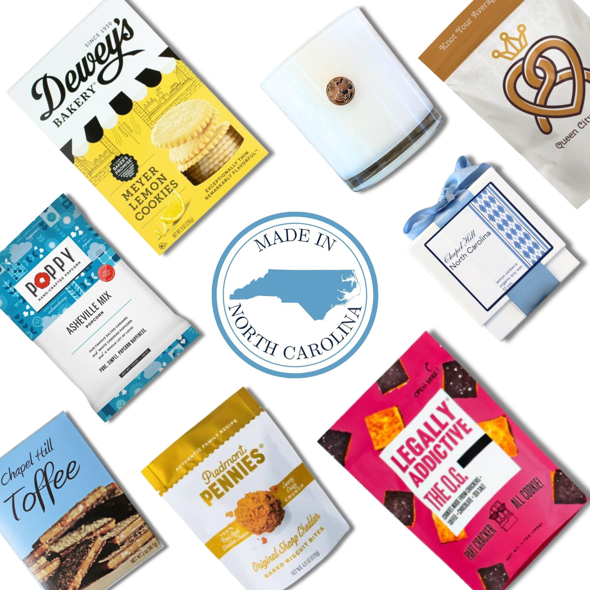 Chapel Hill gift bag contents with North Carolina gourmet snacks and dogwood candle.