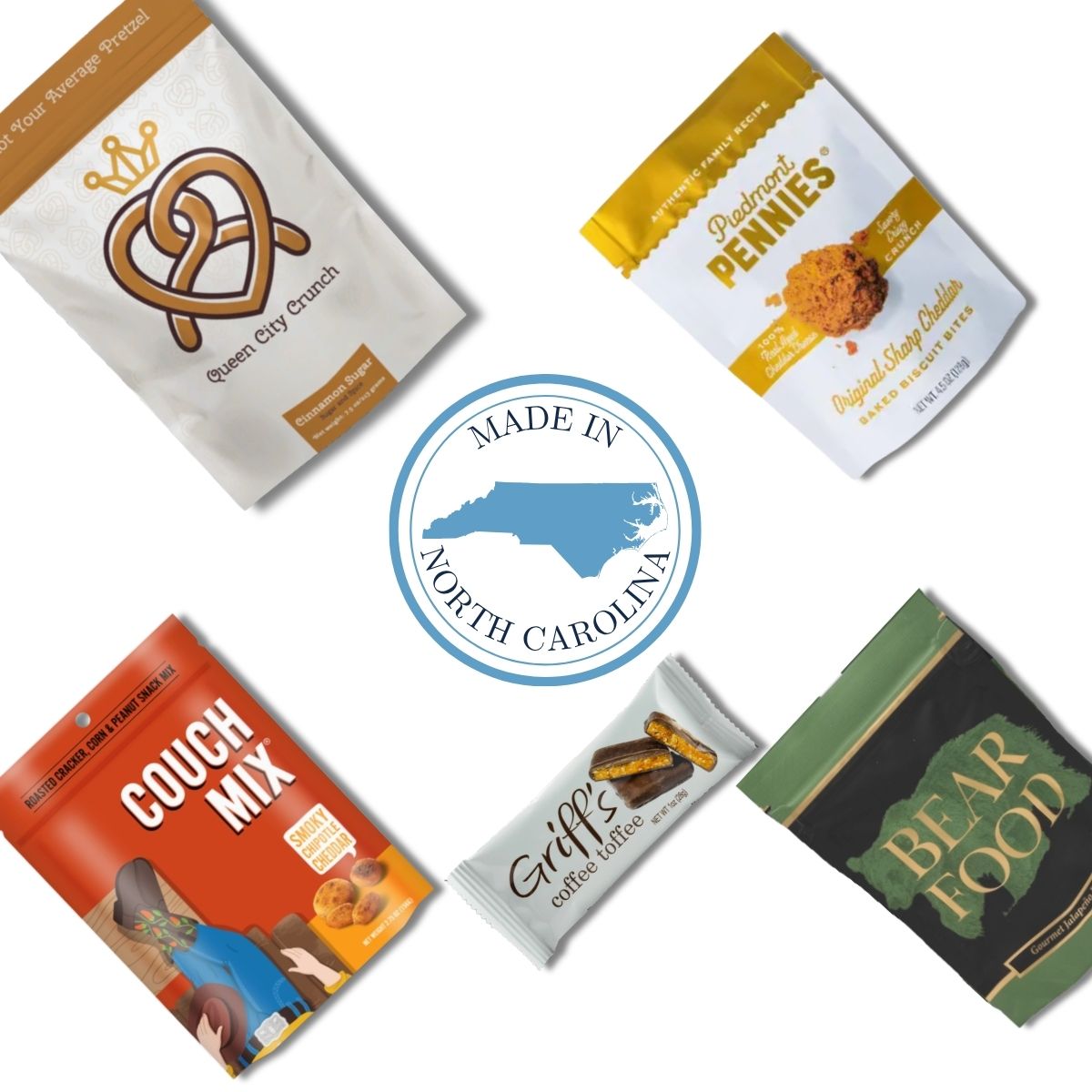 Gourmet items that are made in North and South Carolina in a flat lay around an emblem of the Carolinas