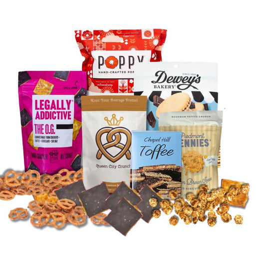 contents of gift box with custom logo and sweets made in North carolina