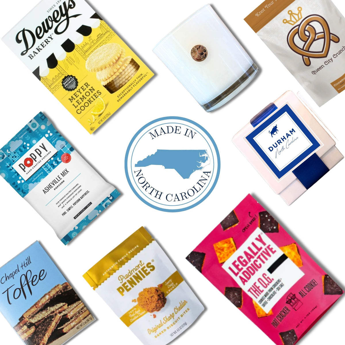 Durham NC welcome gift with Made in the Carolinas emblem, featuring gourmet snacks and Bull City soy candle from NC and SC producers