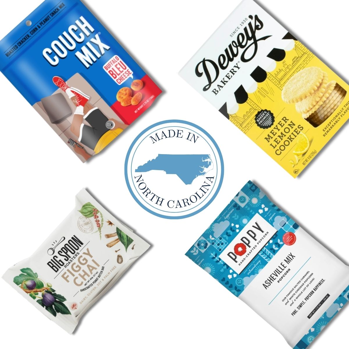 flat lay of 4 made in north carolina food products that are part of a welcome box for events in Durham, NC