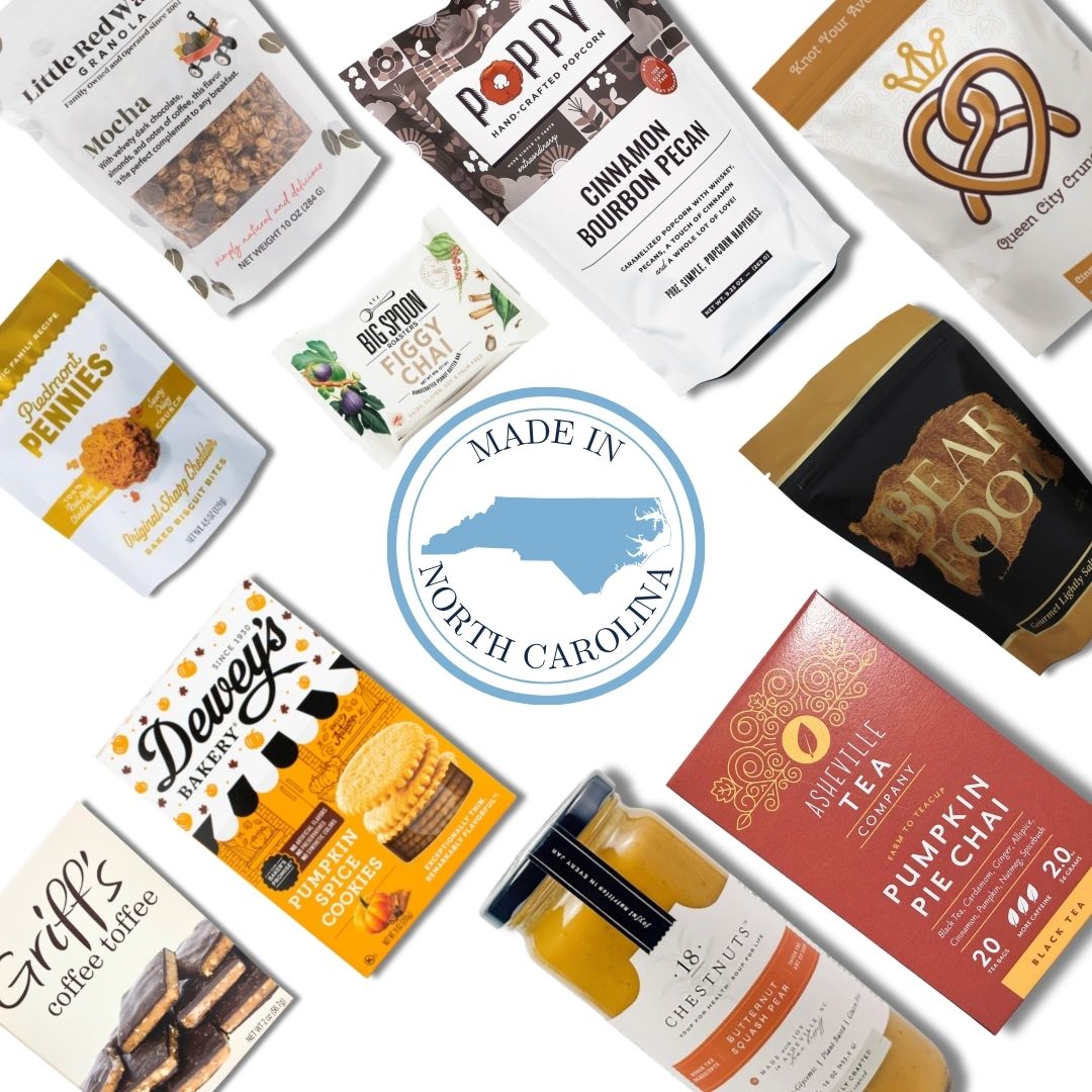 flat lay of north carolina made gourmet specialty products in fall gift basket