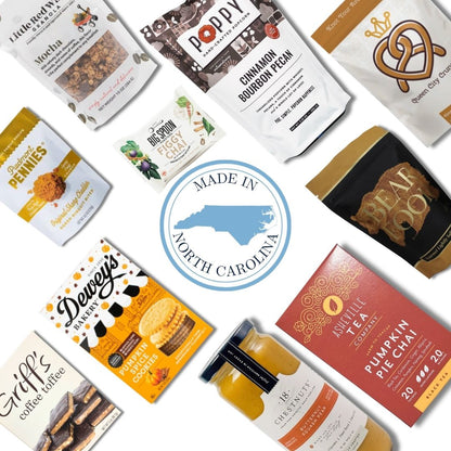 flat lay of north carolina made gourmet specialty products in fall gift basket