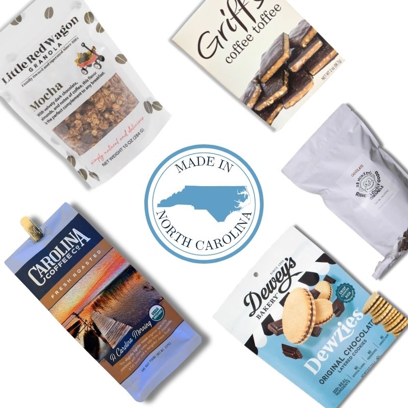 North Carolina gourmet coffee gift basket with artisan chocolate, toffee, and espresso beans