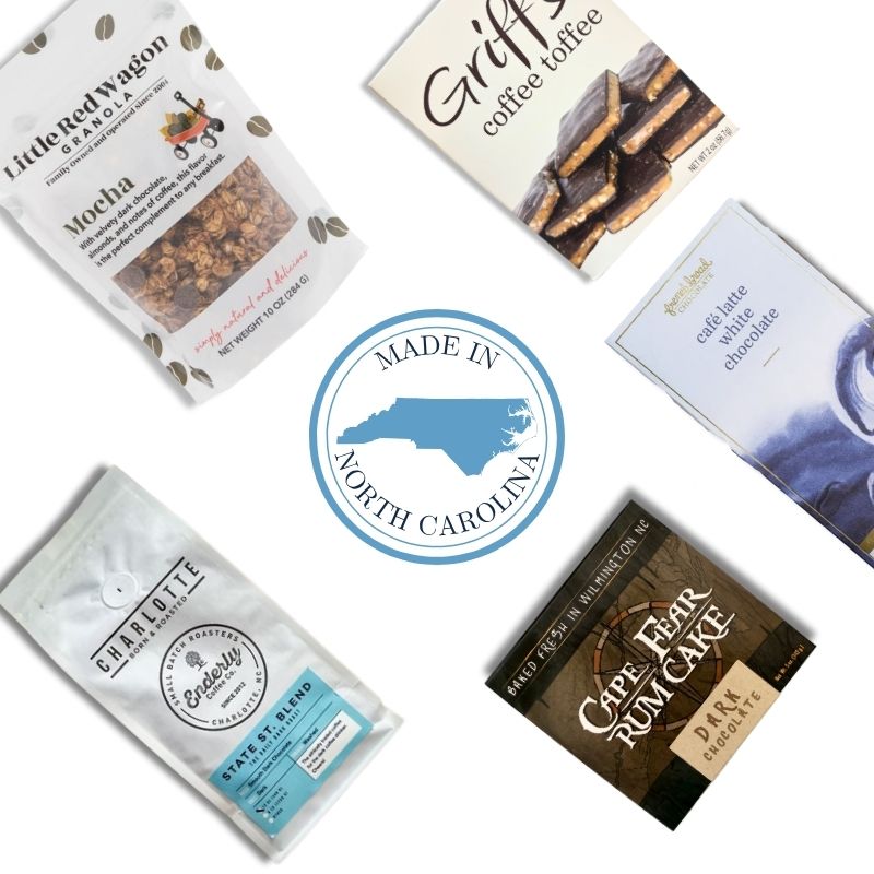 North Carolina gourmet coffee gift basket with artisan chocolate, toffee, and espresso beans