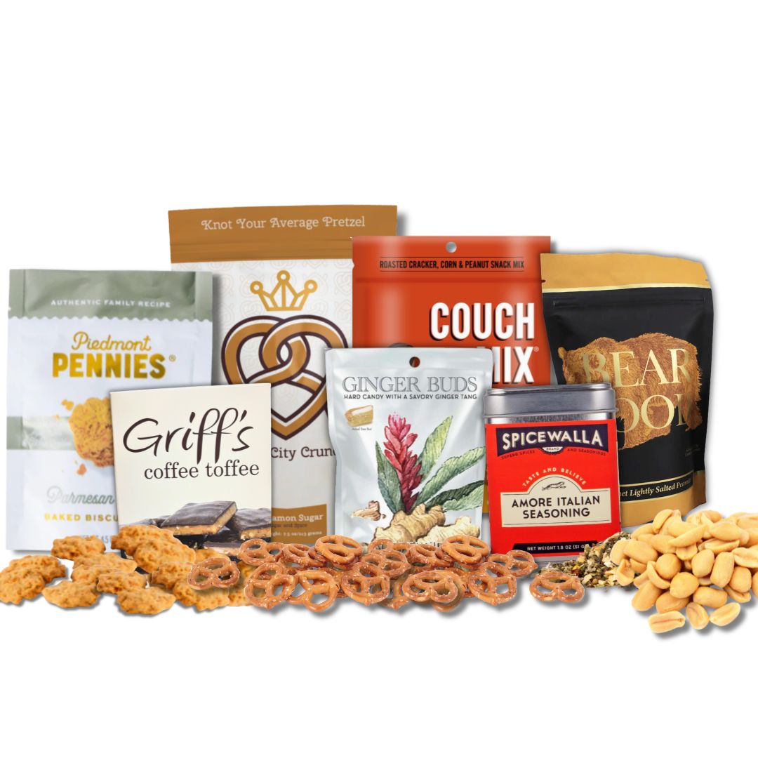 Carolina gift basket with North Carolina artisan cheese wafers, cinnamon pretzels, and gourmet snacks