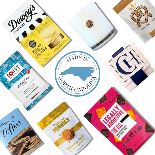 Customizable corporate gift basket contents featuring NC gourmet products and branded candle