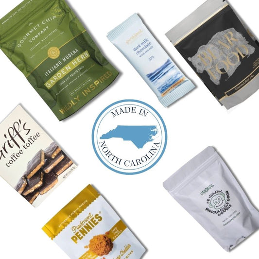 North Carolina gourmet gift bag contents with  Toffee, pretzels, and Carolina artisan treats