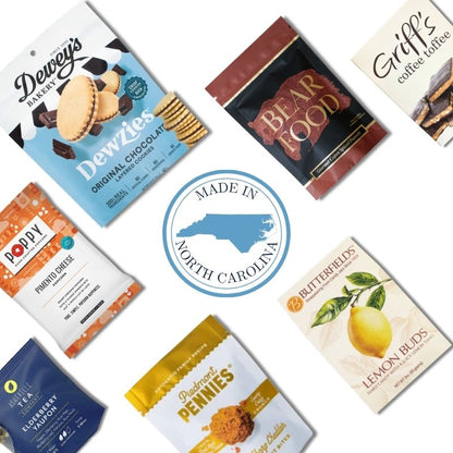 Custom corporate gift tote contents with North Carolina gourmet snacks and branded gift tag