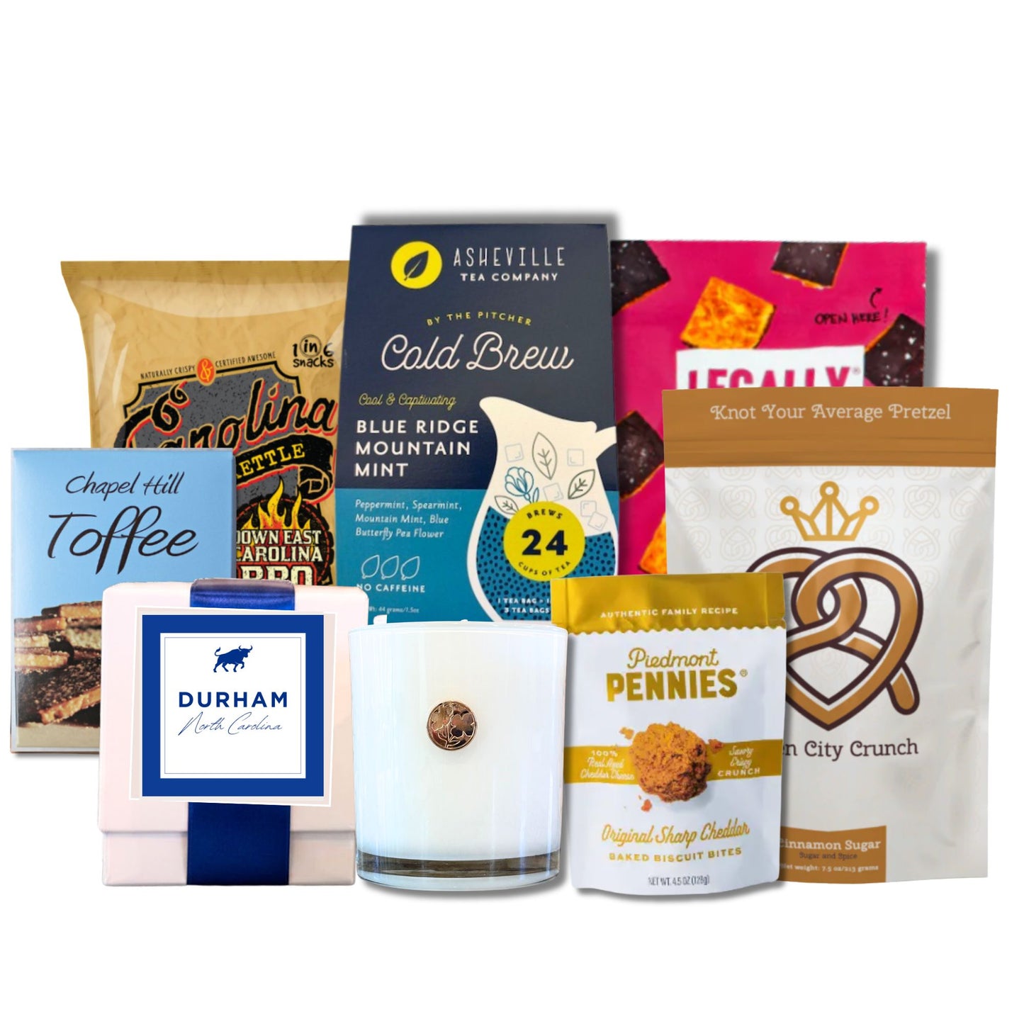Durham NC corporate welcome gift contents featuring Carolina specialty goods and keepsake Bull City soy candle from Handpicked Gifts NC