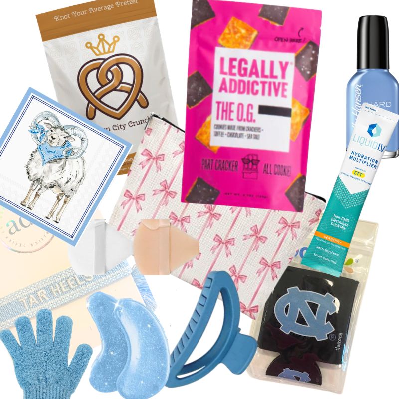 UNC self-care basket contents with Carolina Girl accessories, snacks, and Chapel Hill beauty essentials
