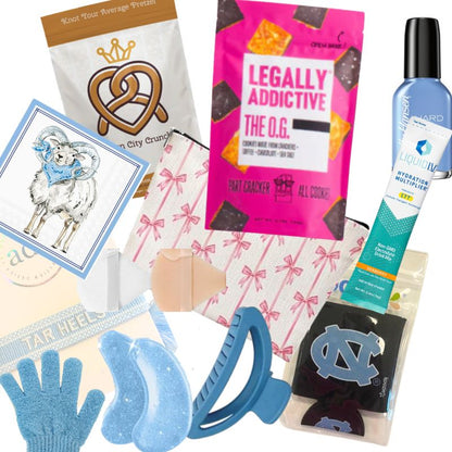 UNC self-care basket contents with Carolina Girl accessories, snacks, and Chapel Hill beauty essentials