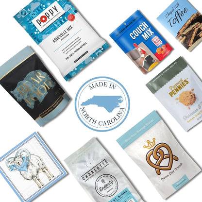 UNC gourmet gift basket contents with Chapel Hill artisan treats and Carolina Blue keepsake candle