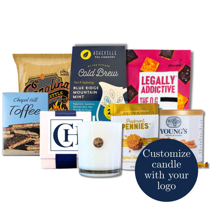 North Carolina corporate gift tote with locally made artisan treats and custom branding options